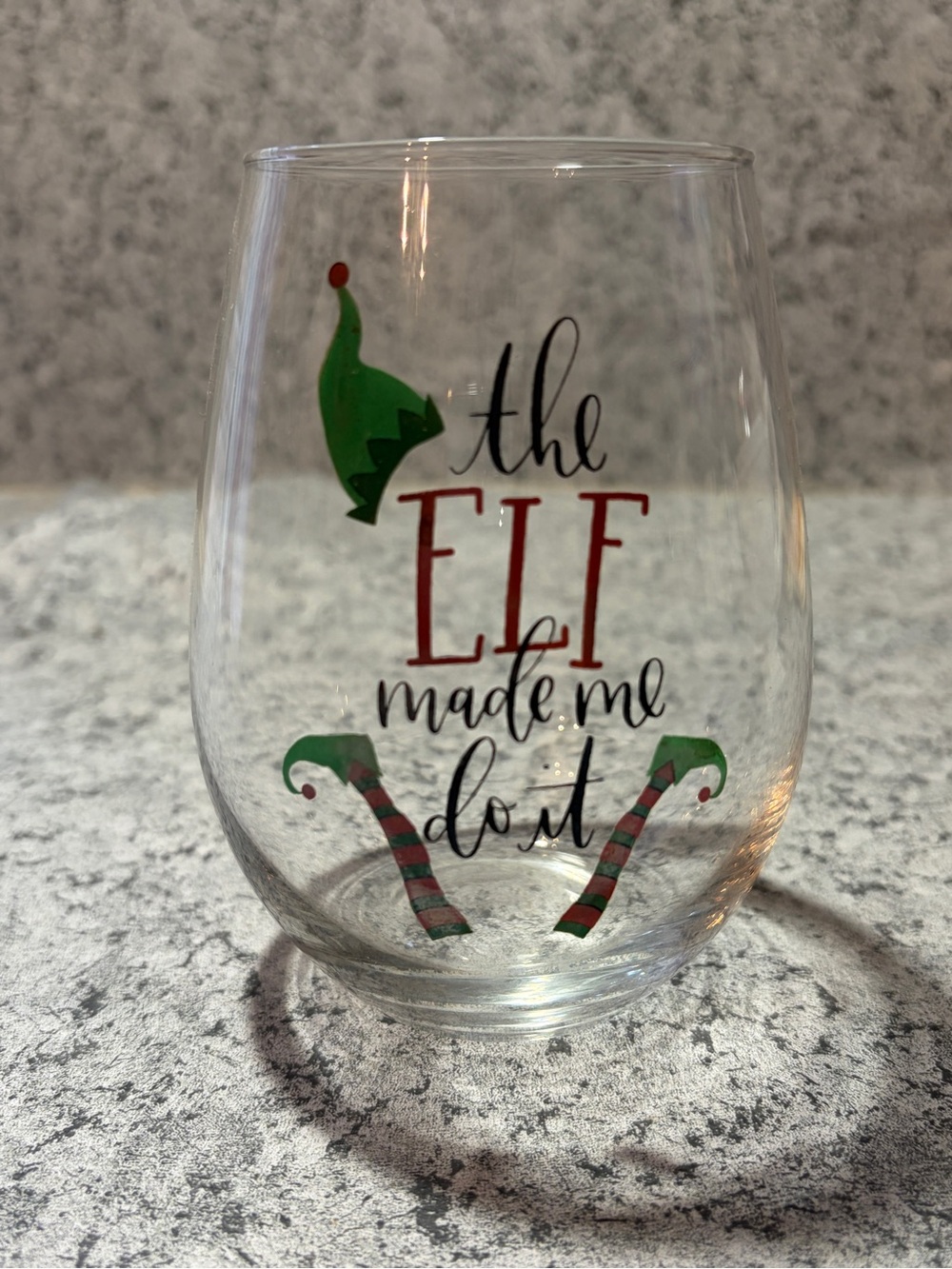 "The Elf Made Me Do It" Stemless Wine Glass | Funny Christmas Holiday Drinkware